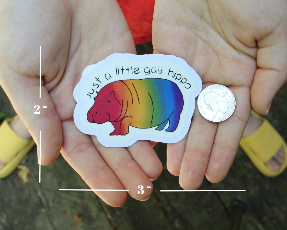 Just a Little Gay Hippo Stickers, LGBTQ stickers, Easy Peel, Laminated Vinyl, Original Artwork