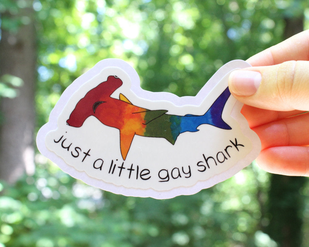 Just a Little Gay Shark Stickers, LGBTQ stickers, Easy Peel, Laminated Vinyl, Original Artwork