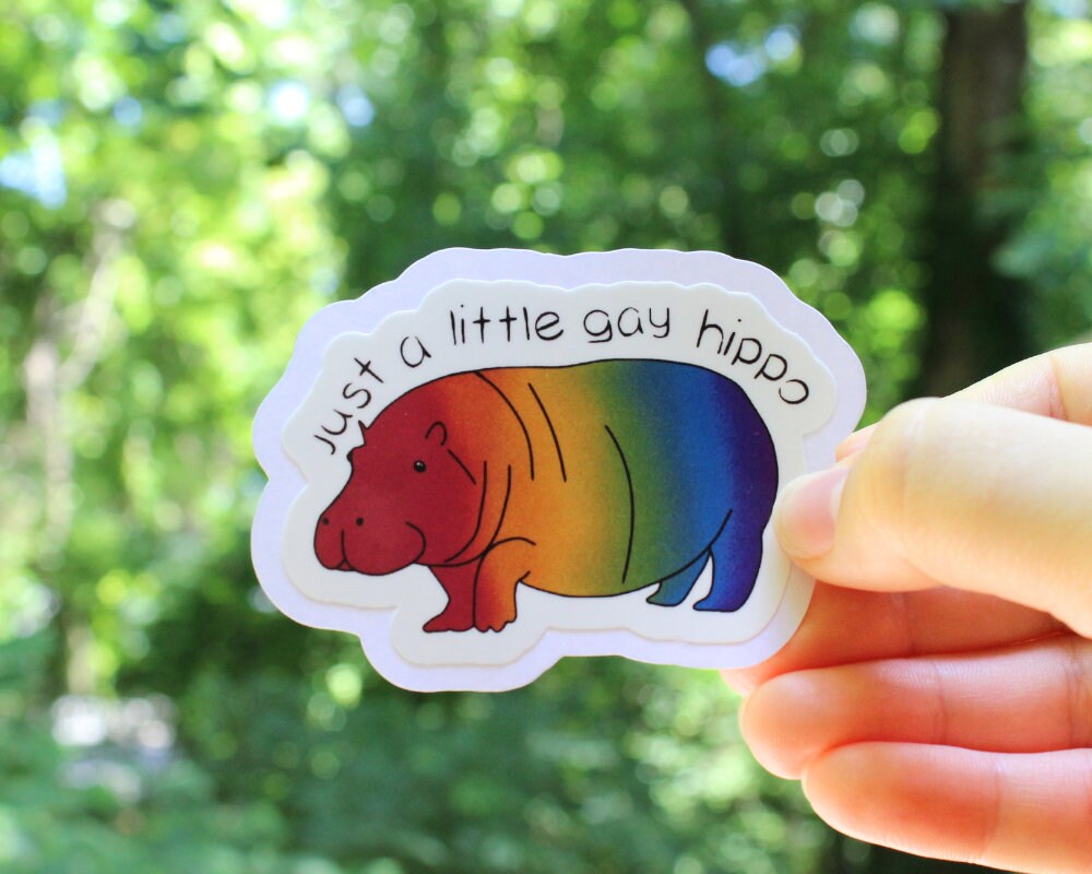 Just a Little Gay Hippo Stickers, LGBTQ stickers, Easy Peel, Laminated Vinyl, Original Artwork