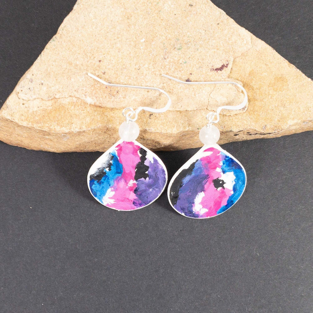 Artistic Gender Fluid Pride Earrings, Teardrop Shape with Sterling silver Ear Wire and Quartz Bead, Gay Pride Earrings, OOAK