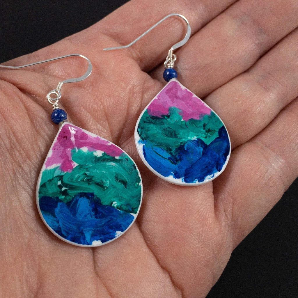 Vibrant Polysexual Pride Earrings, Teardrop Earrings with Sterling Silver Ear Wire and Blue Lapiz Bead