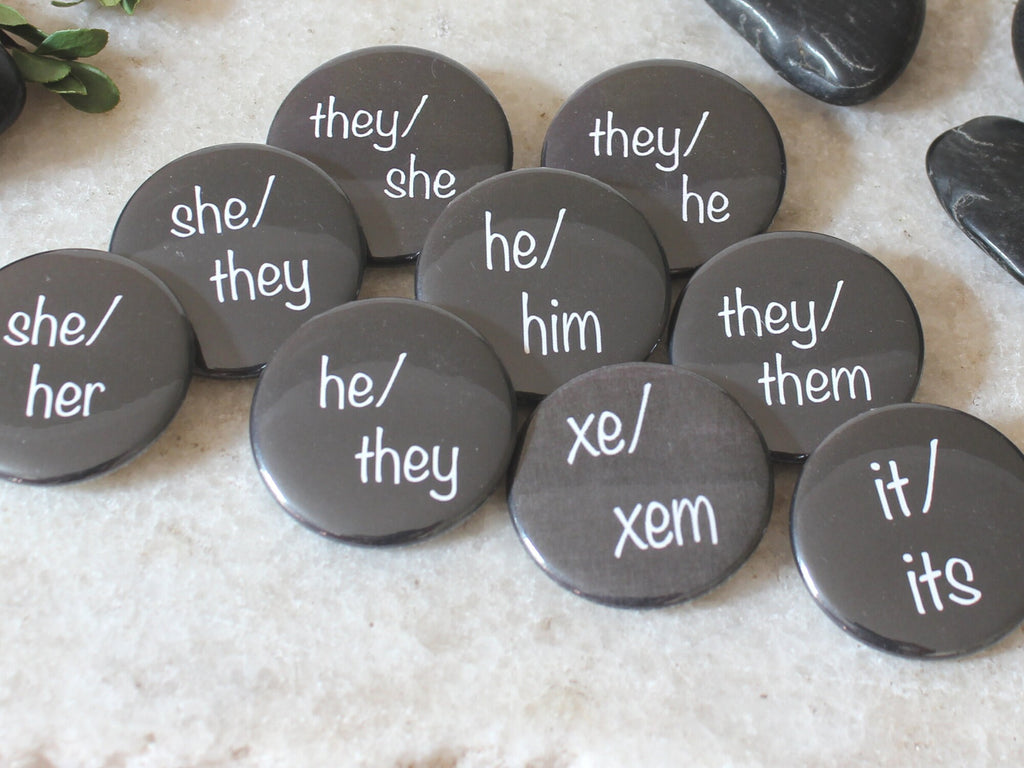 Magnetic Black Pronoun Button- He/Him, She/Her, They/Them, Xe/Xem, She/They, He/They, It/Its, Custom Pronouns, Magnetic, 1.25 or 1.5"