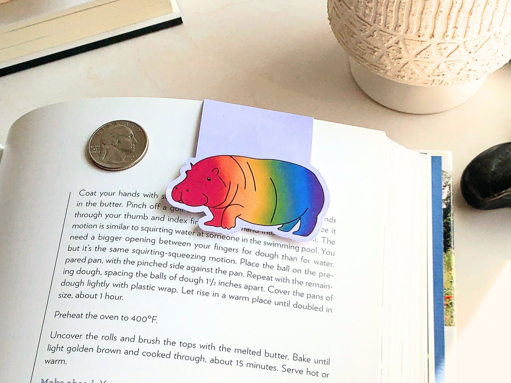 Rainbow Hippo Magnetic Bookmark, LGBTQ Bookmarks, Laminated, Original Artwork